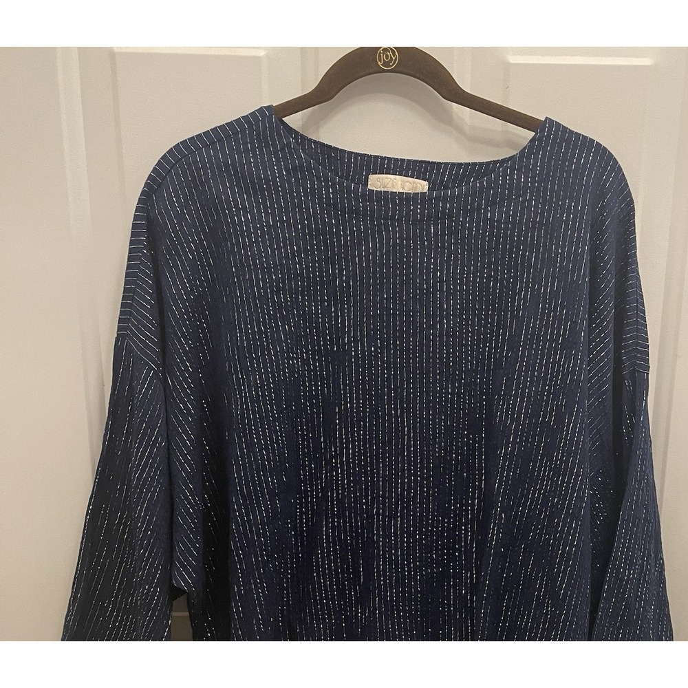 Suzie Kondi Saria Boxy Gauzy Blue Silver Stripe Top Womens XS Lagenlook Oversize